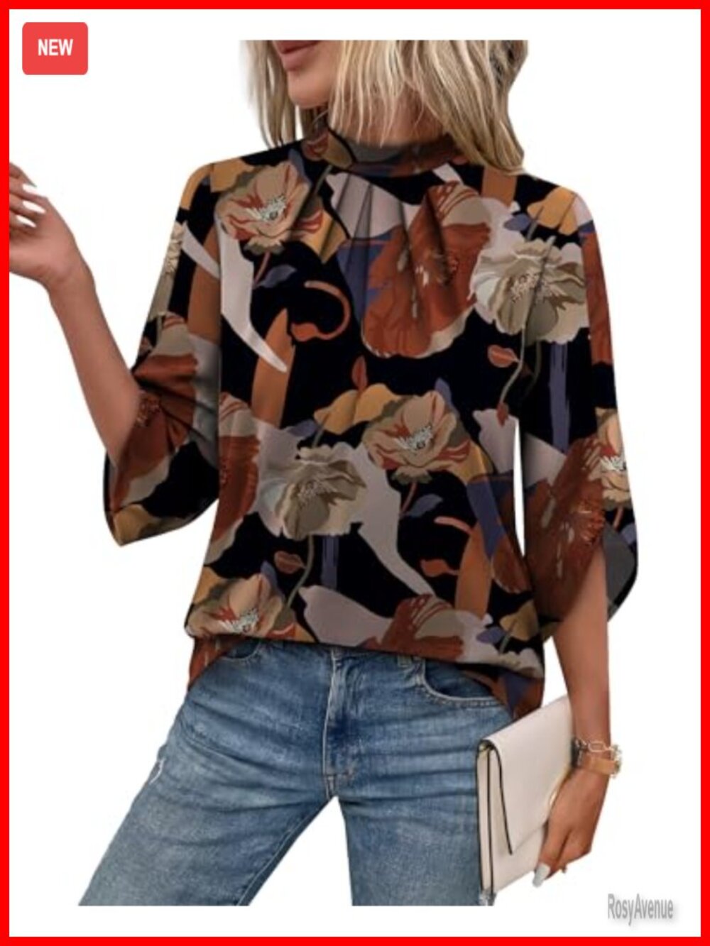 Womens Mock Neck Pleated Front Blouse 3/4 Sleeve Sheer Floral Top Lightweight